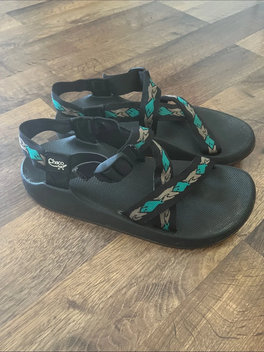 Chaco Sandals Z/1 Tan Teal Straps with Fish and Birds Size 10.5 Men’s Size 9